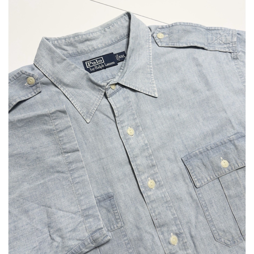 Vtg Polo Ralph Lauren Chambray Work Shirt Men 2XL Denim Utility Pocket Military